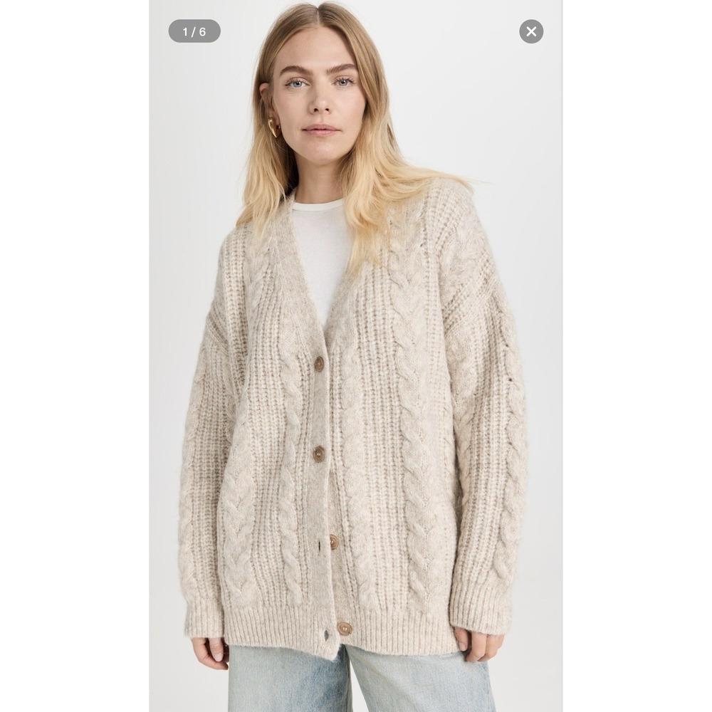 Jenni Kayne Cable Knit Cocoon V Neck Cardigan Sweater 2X Oatmeal Alpaca Wool